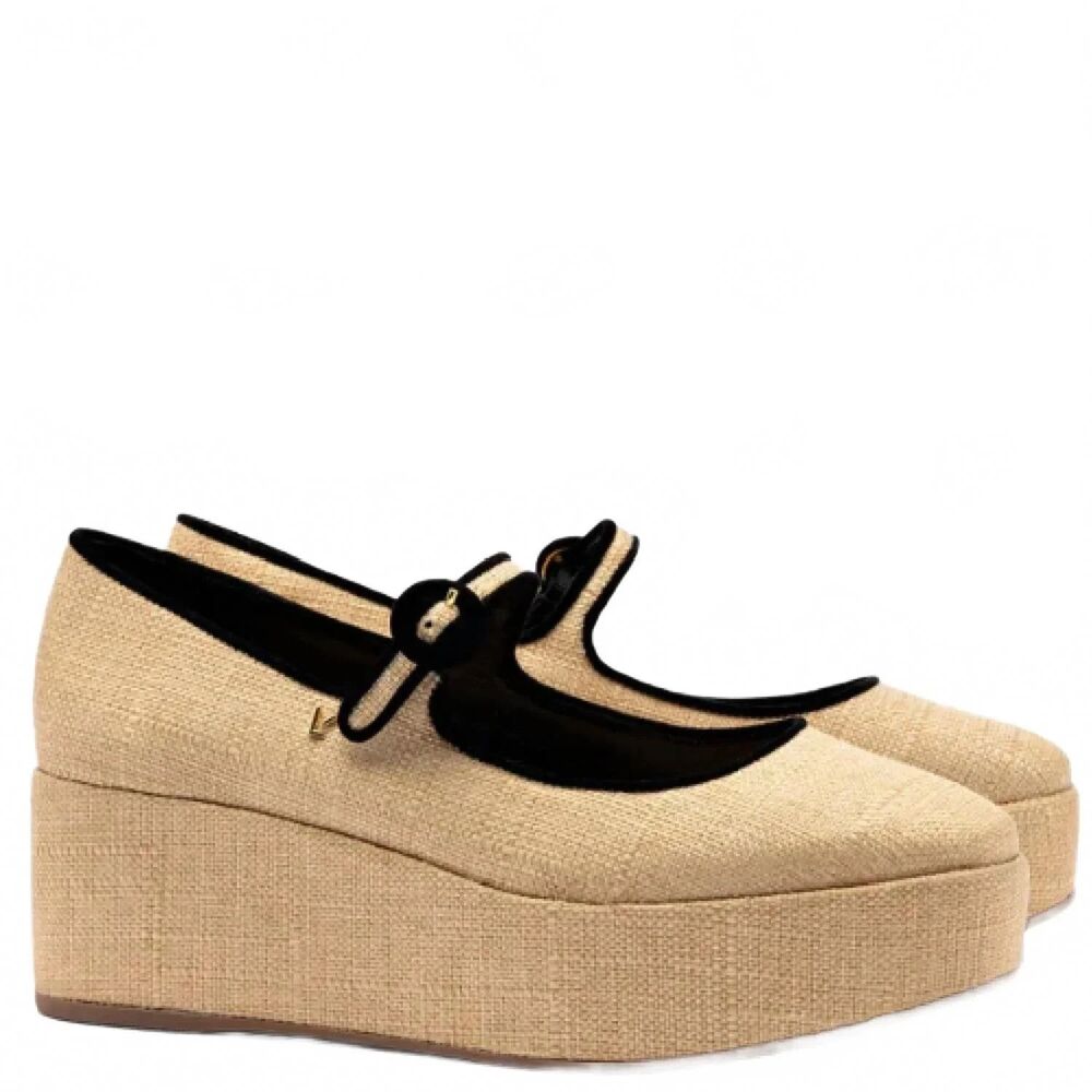 Larroude Women's Blair Raffia Mary Jane Platforms Beige Black NEW $330 SZ 10 - Picture 3 of 7